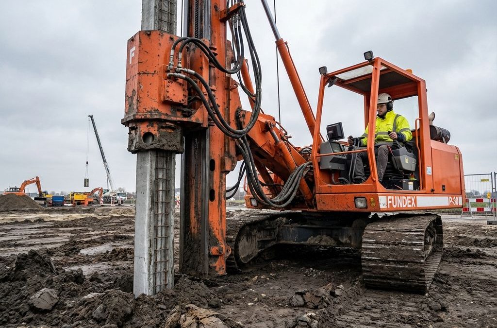 Oranje Fundex heistelling installeert betonnen funderingspaal in Nederlandse kleigrond op bouwplaats