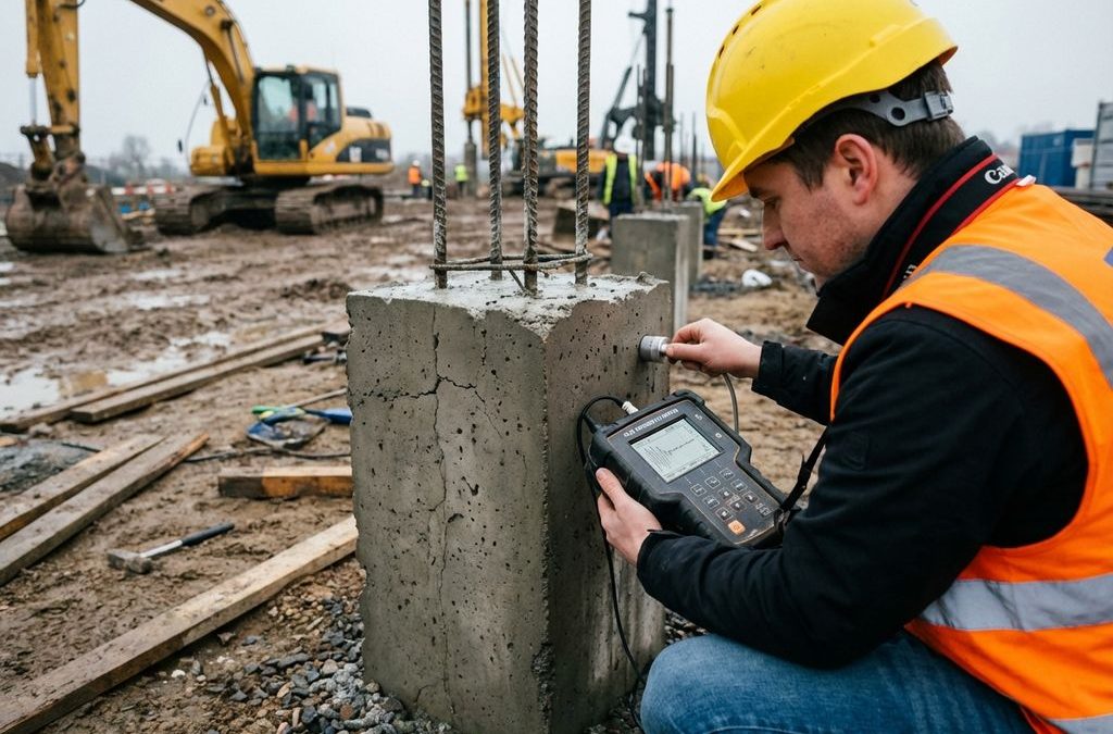 Bouwingenieur in gele helm test betonnen funderingspaal met digitaal meetapparaat op bouwplaats