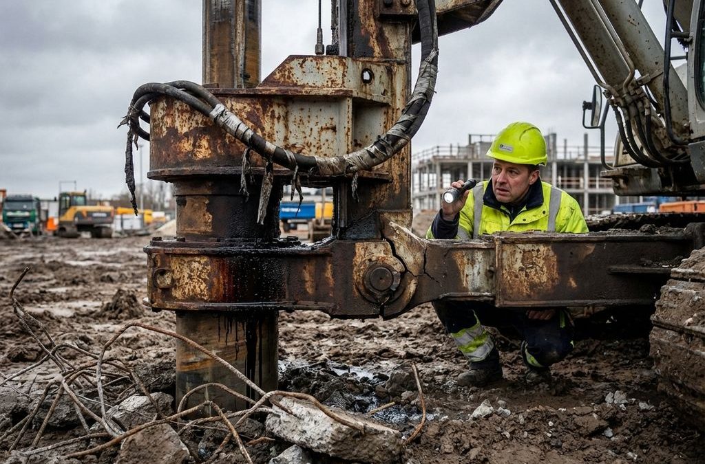 Constructie-ingenieur in gele helm onderzoekt beschadigde boorinstallatie met lekkende hydraulische slangen op bouwplaats