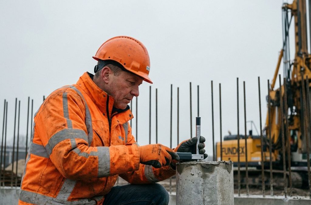 Bouwinspecteur in oranje veiligheidskleding controleert betonnen funderingspalen met meetinstrument op bouwplaats