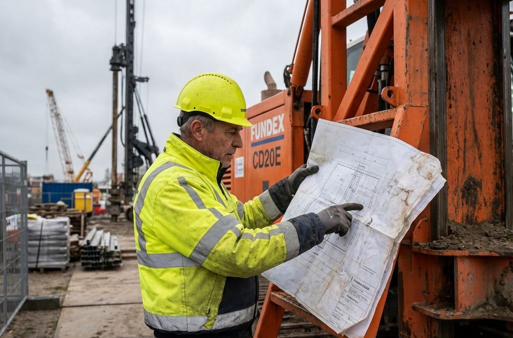 Bouwingenieur in gele veiligheidshelm bestudeert blauwdruk naast Fundex CD20E heimachine op Nederlandse bouwplaats