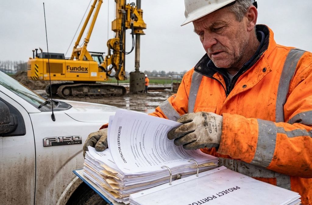 Bouwmanager in oranje veiligheidsjack bekijkt contractantcertificaten op bouwplaats met Fundex boormachine op achtergrond