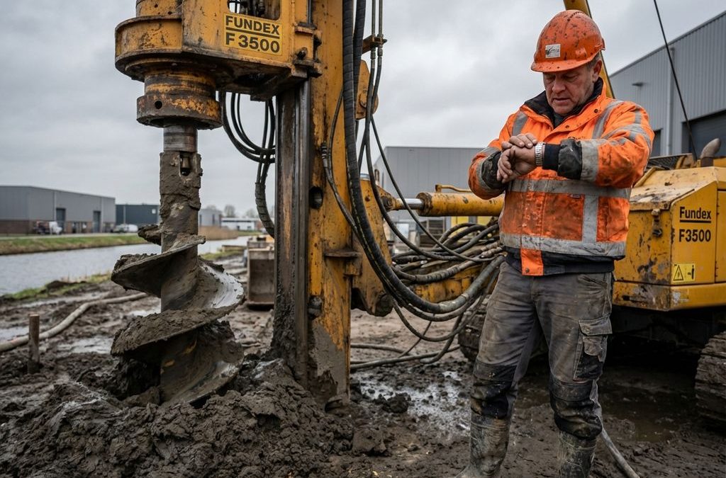 Bouwplaatsleider in oranje helm controleert tijd naast gele Fundex boorinstallatie op Nederlandse bouwlocatie