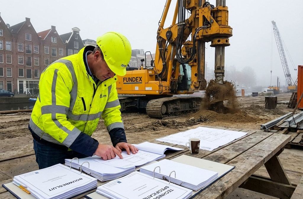 Bouwingenieur in gele helm bestudeert bouwregelgeving documenten op Nederlandse bouwplaats met Fundex boormachine