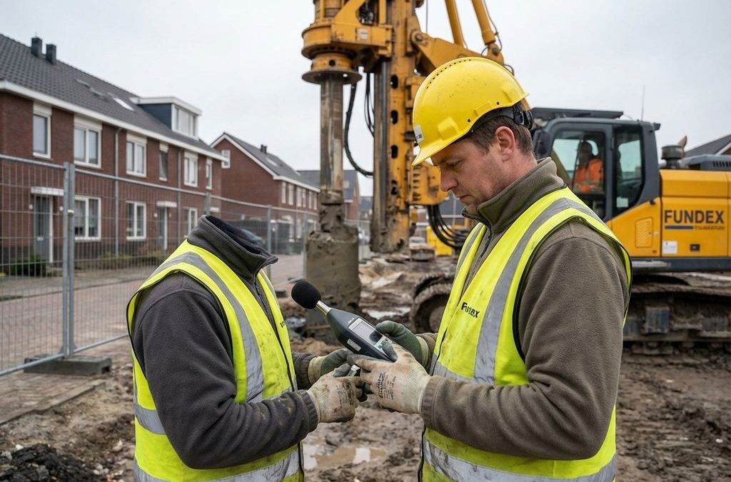 Bouwvakker met geluidsmeterapparaat controleert geluidsniveaus bij Fundex heimachine op bouwplaats
