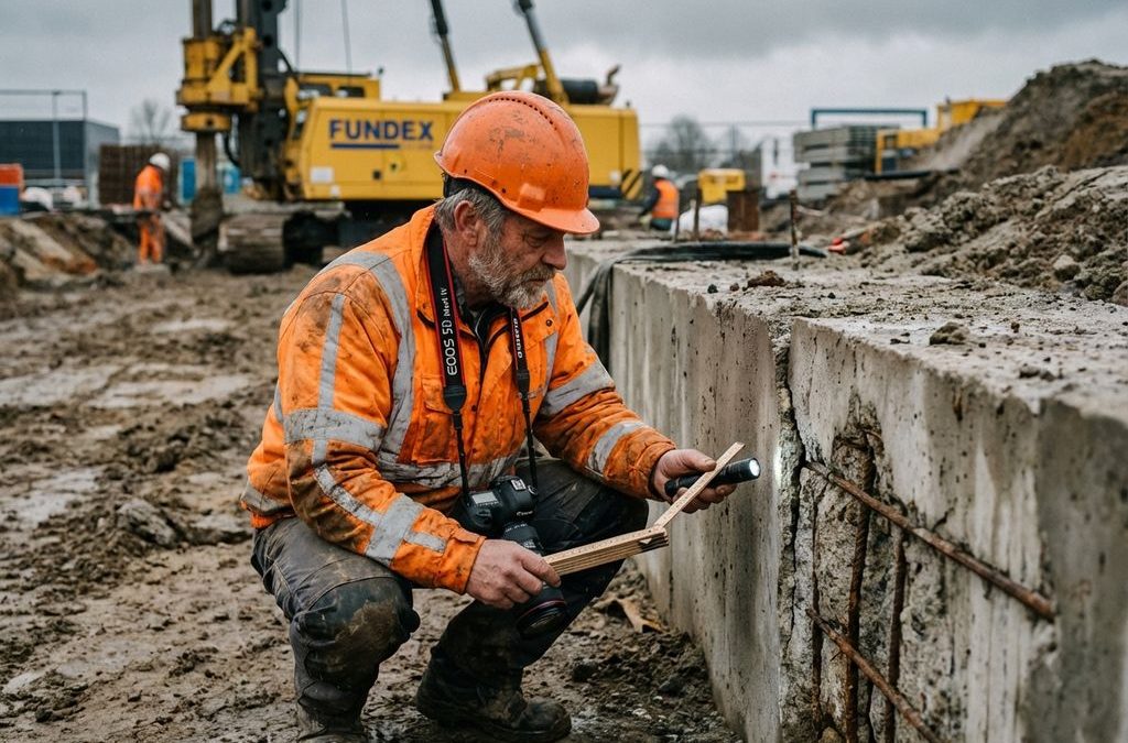 Bouwvakker in oranje veiligheidskleding inspecteert betonnen fundering met meetgereedschap op Nederlandse bouwplaats