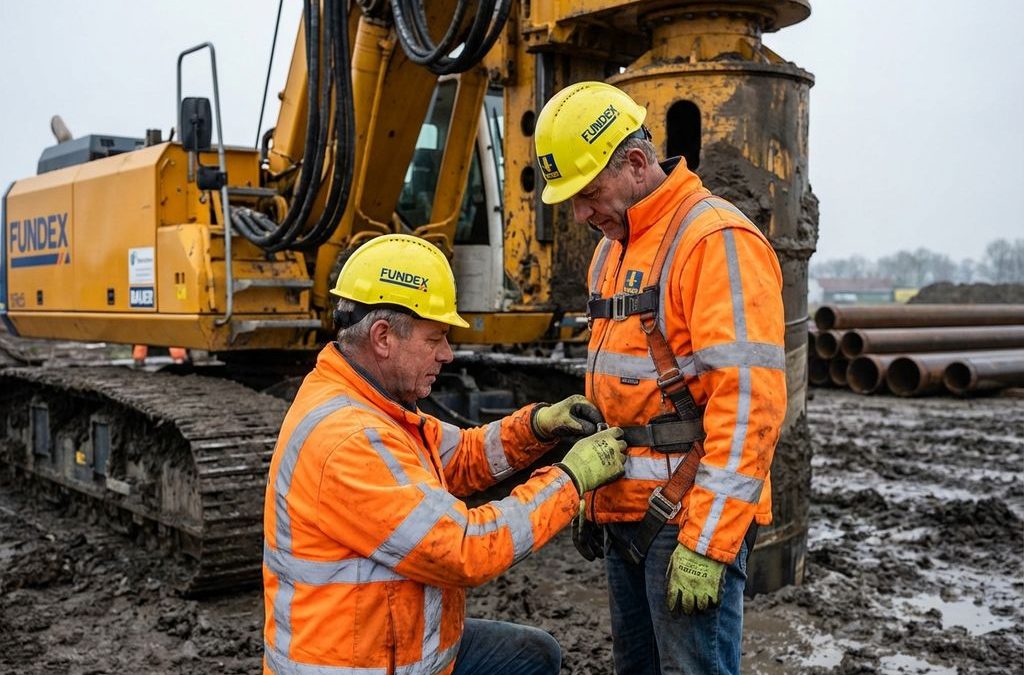 Bouwvakker in gele Fundex helm controleert veiligheidsharnas van collega bij gele funderingsmachine op Nederlandse bouwplaats