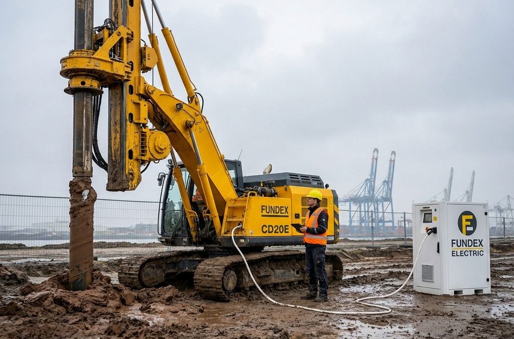 Gele Fundex CD20E elektrische funderingsmachine op Nederlandse bouwplaats met werker in veiligheidshelm