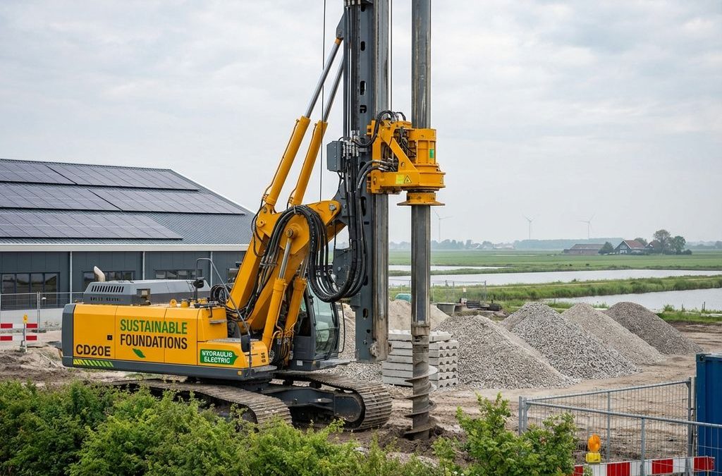 Gele CD20E elektrische heifundering machine op duurzame bouwplaats met zonnepanelen en groene vegetatie in polderlandschap