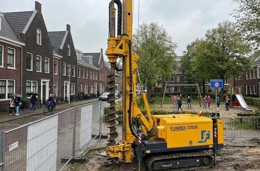 Gele Fundex CD20E elektrische heimachine werkt stil in Nederlandse woonwijk tussen bakstenen huizen met bewoners op achtergrond