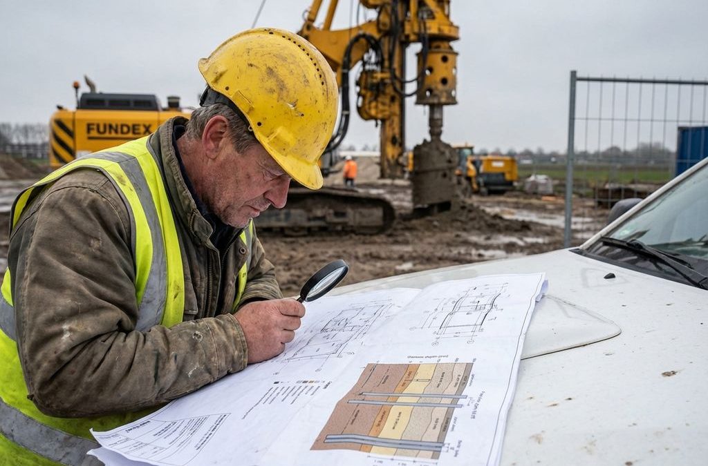 Bouwingenieur in gele helm bestudeert funderingsblauwdrukken op witte vrachtwagen bij Nederlandse bouwplaats