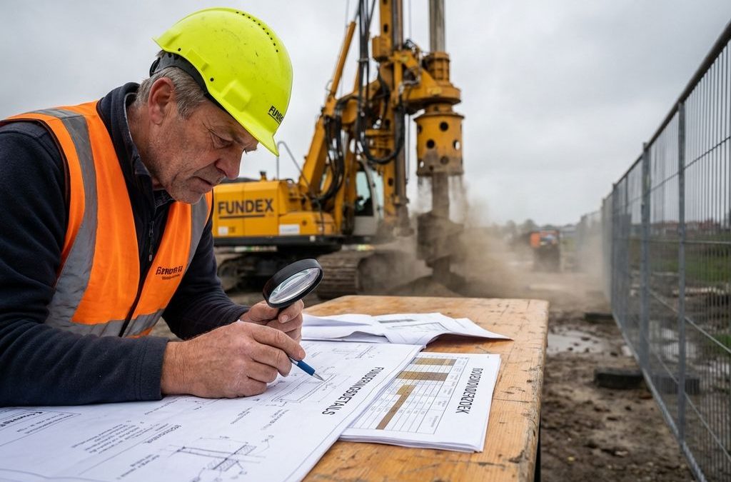 Bouwingenieur in gele helm bestudeert funderingsonderzoek documenten op bouwplaats met Fundex boormachine op achtergrond