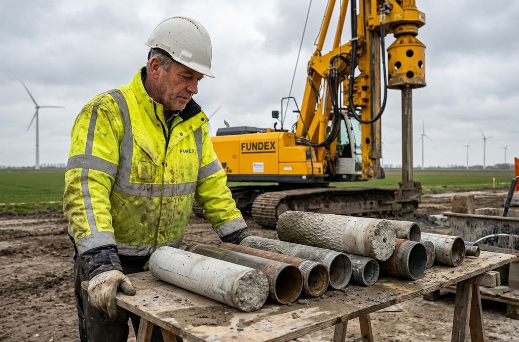 Bouwingenieur in gele veiligheidsjas onderzoekt funderingspalen op bouwplaats met Fundex boormachine op achtergrond
