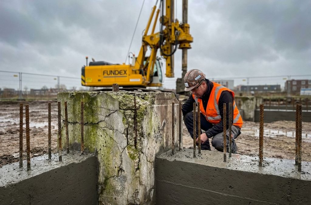 Betonnen funderingspaal met staalwapening op Nederlandse bouwplaats, bouwvakker inspecteert structuur, gele Fundex machine