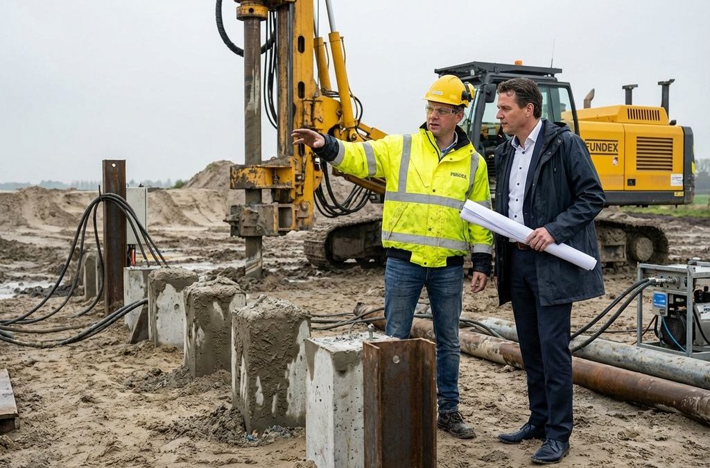 Funderingsspecialist in gele veiligheidskleding toont betonpalen aan klant met blauwdrukken op Nederlandse bouwplaats