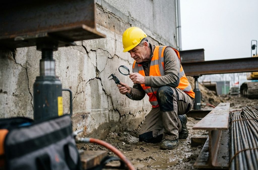 Bouwingenieur in gele helm onderzoekt scheuren in betonnen fundering met meetgereedschap op bouwplaats