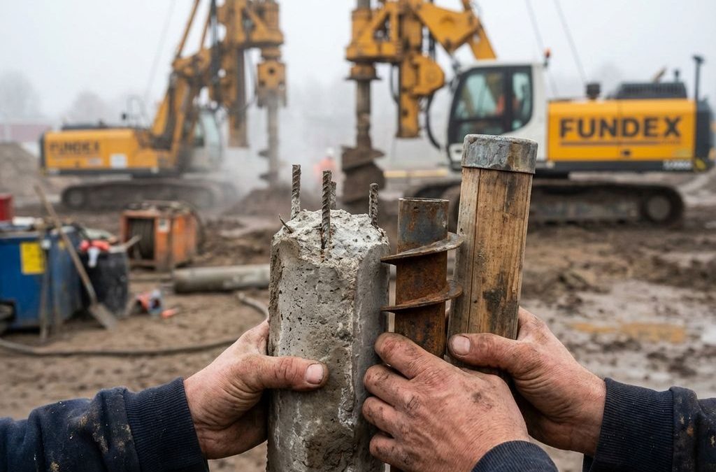 Bouwvakker toont drie verschillende funderingspalen op Nederlandse bouwplaats met Fundex machines op achtergrond