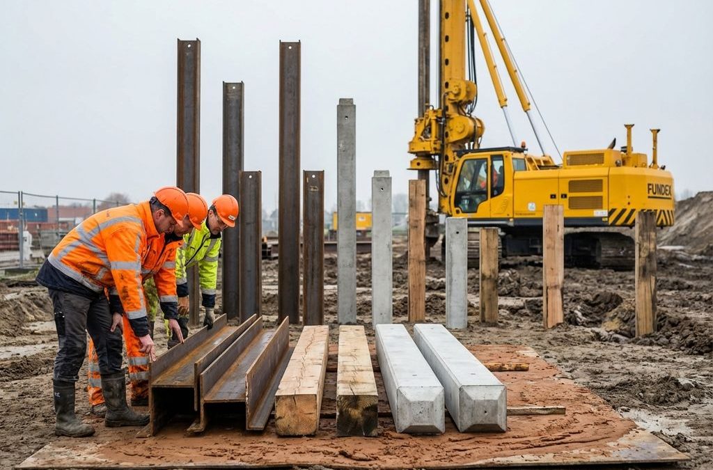 Nederlandse bouwvakkers in oranje helmen onderzoeken verschillende funderingspalen op bouwplaats met gele Fundex boormachine