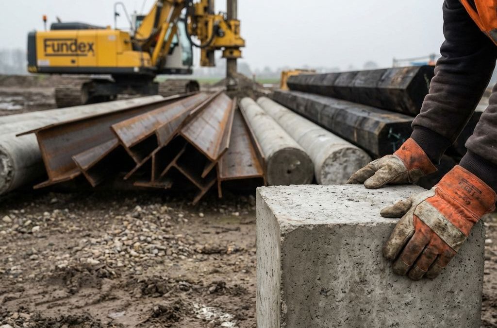 Verschillende funderingspalen op bouwplaats met stalen H-balken, betonnen en houten palen, gele heimachine op achtergrond