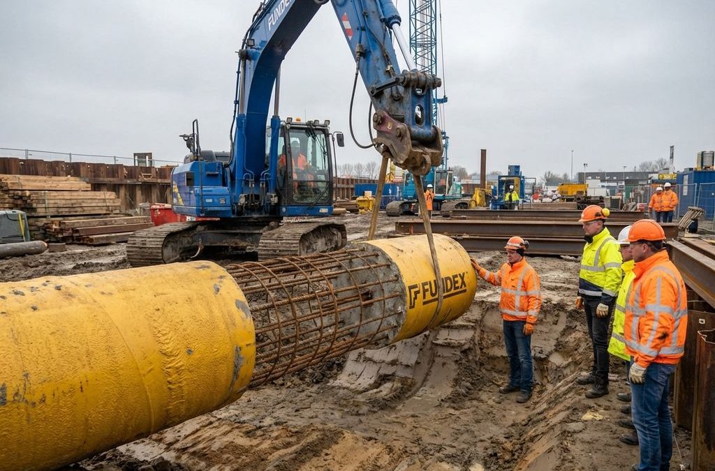 Gele Fundex betonpaal wordt gepositioneerd door hijskraan op Nederlandse bouwplaats met arbeiders in veiligheidskleding