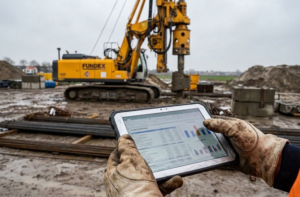Bouwvakker houdt tablet met funderingskosten vast op Nederlandse bouwplaats met gele Fundex boormachine op achtergrond