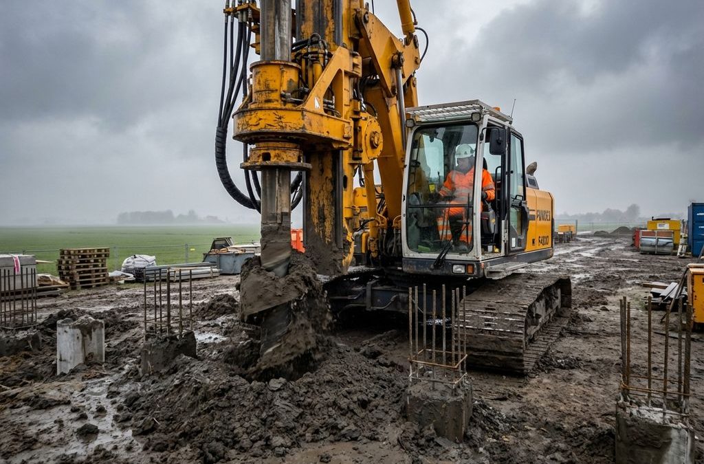 Fundex boormachine in geel boort funderingspalen in Nederlandse kleigrond, operator in veiligheidskleding bedient machine