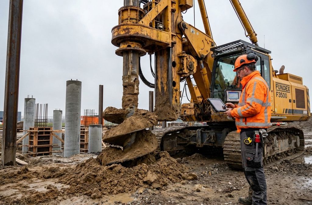 Gele Fundex boormachine boort betonpalen in Nederlandse kleigrond, bouwvakker in oranje veiligheidskleding controleert metingen