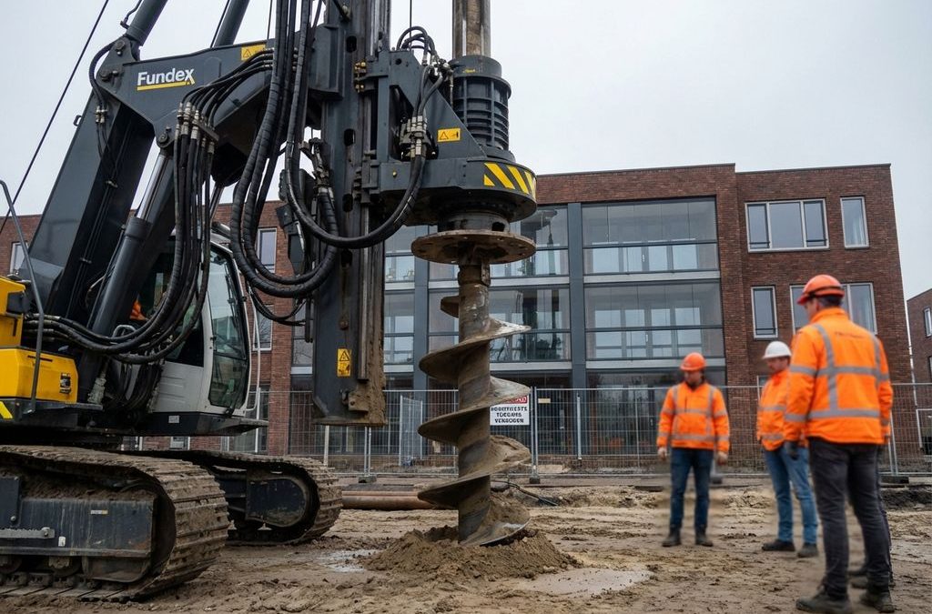 Fundex boormachine met gele accenten boort in zandige grond op Nederlandse bouwplaats, arbeiders in oranje veiligheidskleding