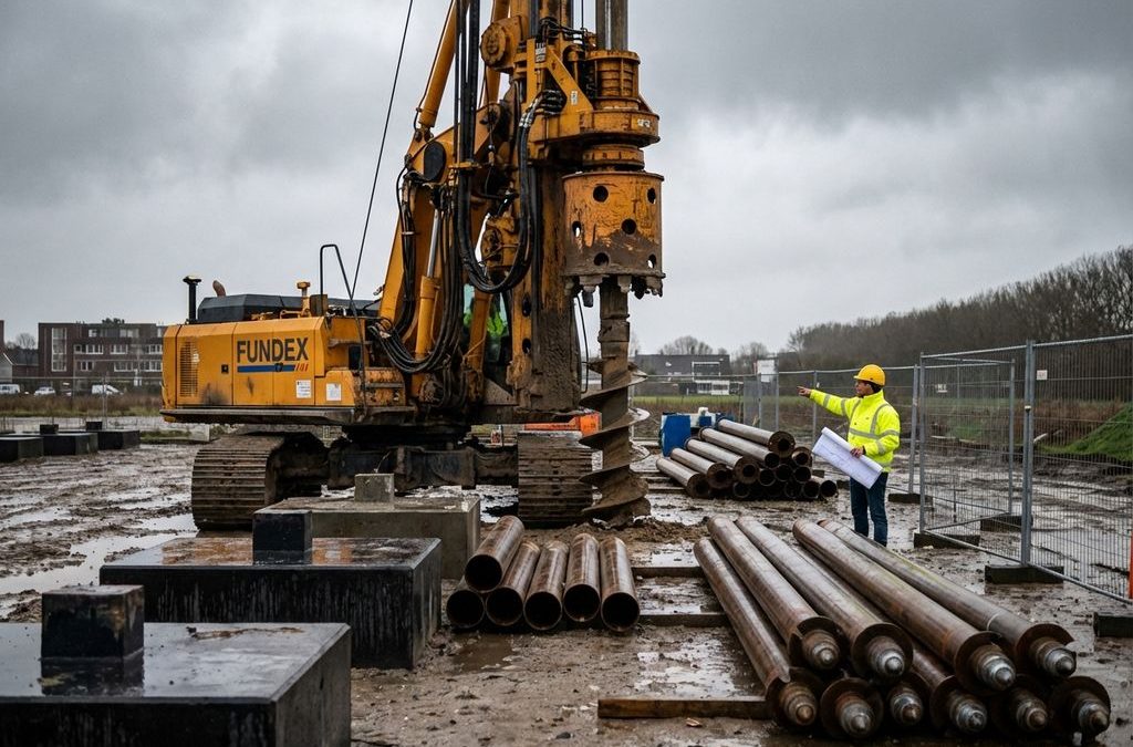 Gele Fundex funderingsmachine op Nederlandse bouwplaats met stalen heipalen en bouwvakker in veiligheidskleding