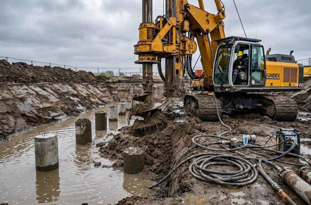 Fundex boorinstallatie met operator in gele helm boort betonpalen in waterrijke kleigrond op bouwplaats