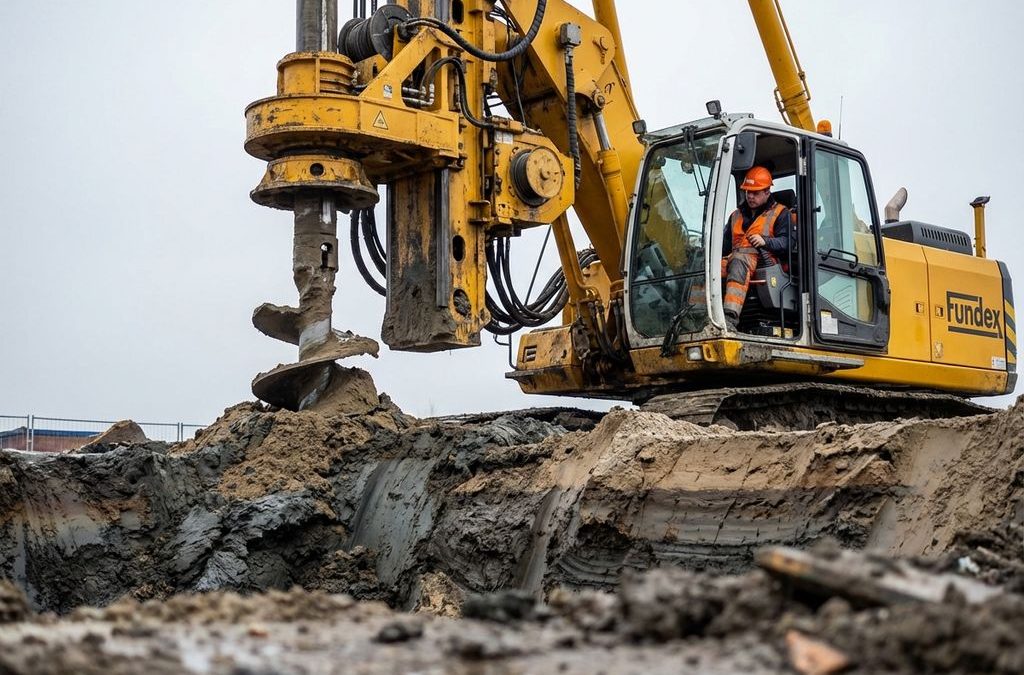 Gele Fundex boormachine boort diepe fundering in Nederlandse kleigrond, operator in oranje helm bedient precisieapparatuur