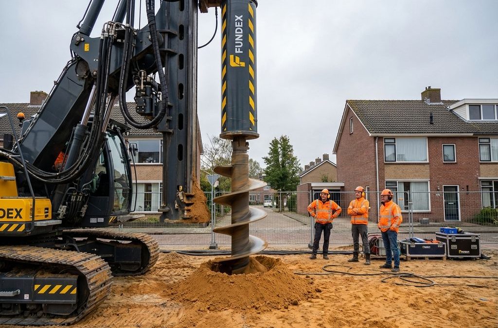 Fundex boormachine met gele accenten voert trillingvrij funderingswerk uit op Nederlandse bouwplaats met woningen op achtergrond