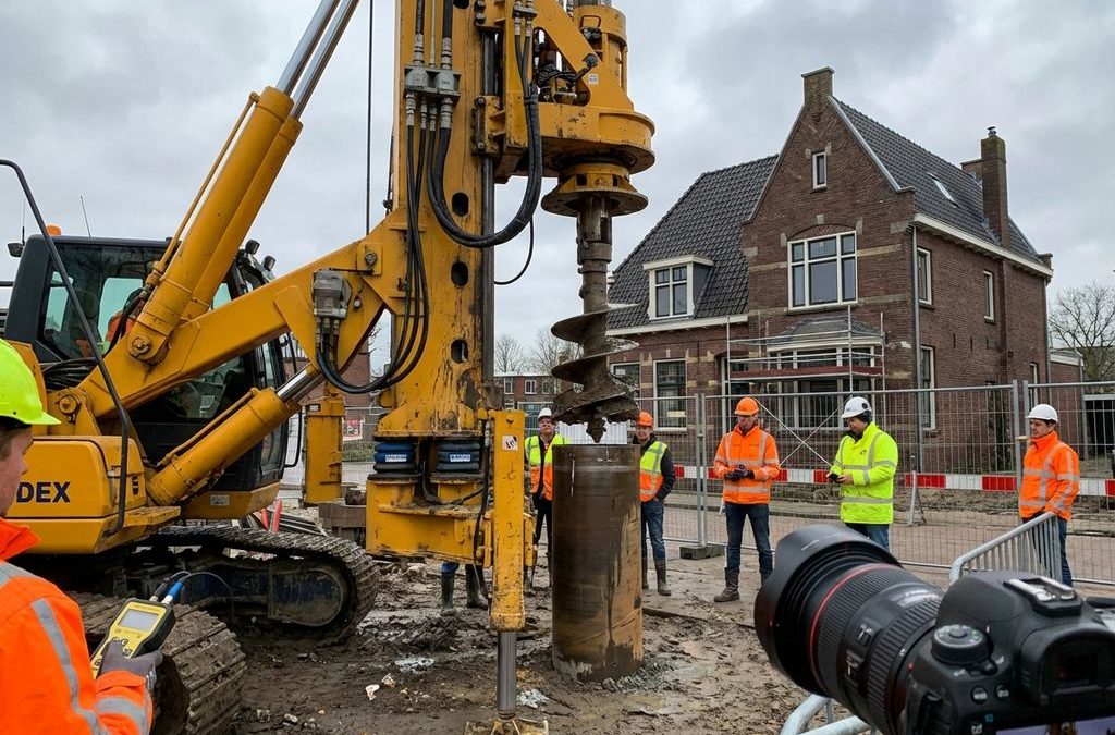 Gele Fundex funderingsmachine met trillingsisolatie werkt op veilige afstand van historisch Nederlands bakstenen gebouw