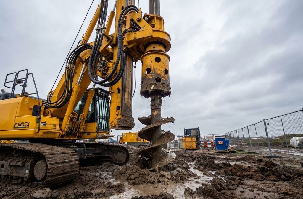 Gele Fundex boormachine boort door kleigrond op Nederlandse bouwplaats onder bewolkte hemel