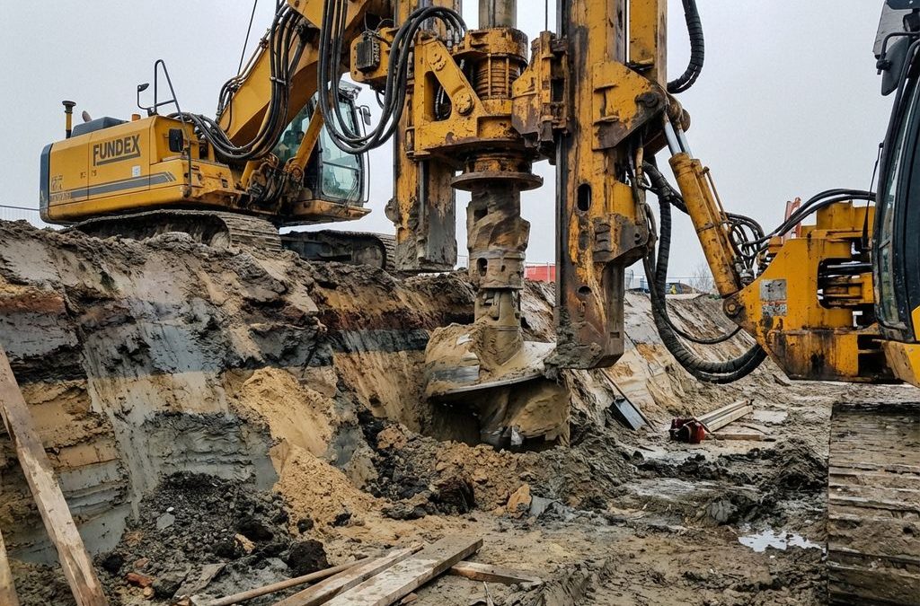 Gele Fundex boorinstallatie boort funderingsgaten in Nederlandse kleigrond met zichtbare bodemlagen