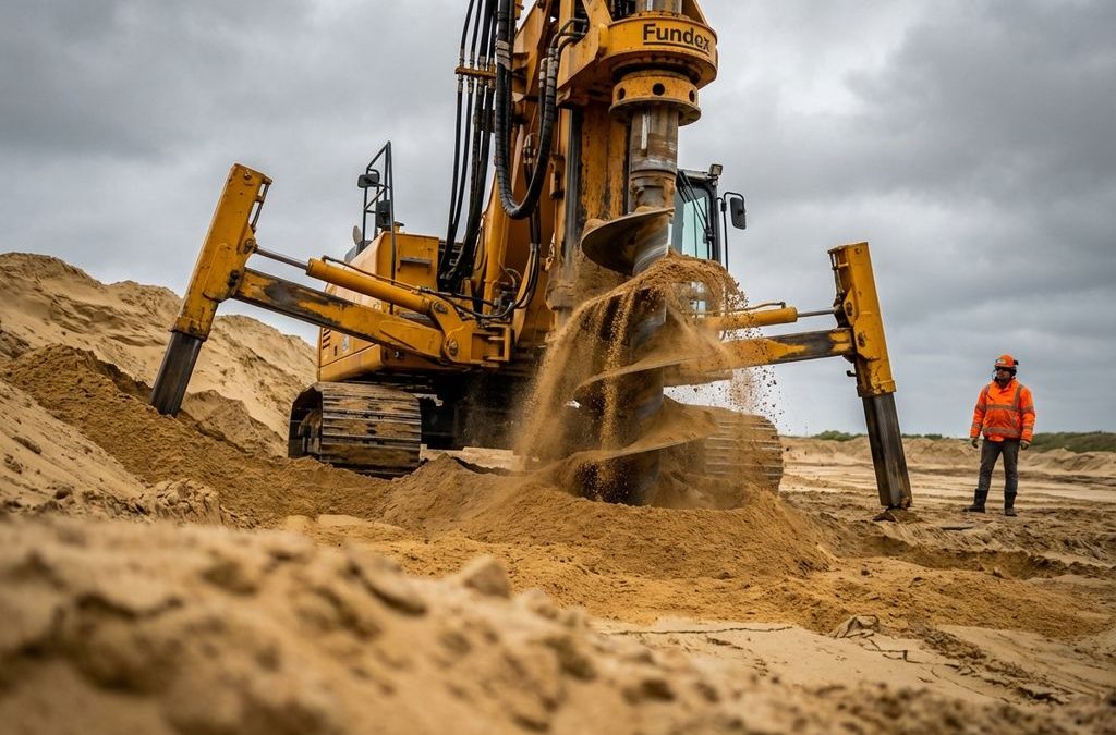 Gele Fundex boormachine prikt diep in zandige grond, hydraulische stabilisatoren uitgeschoven, bouwvakker op afstand