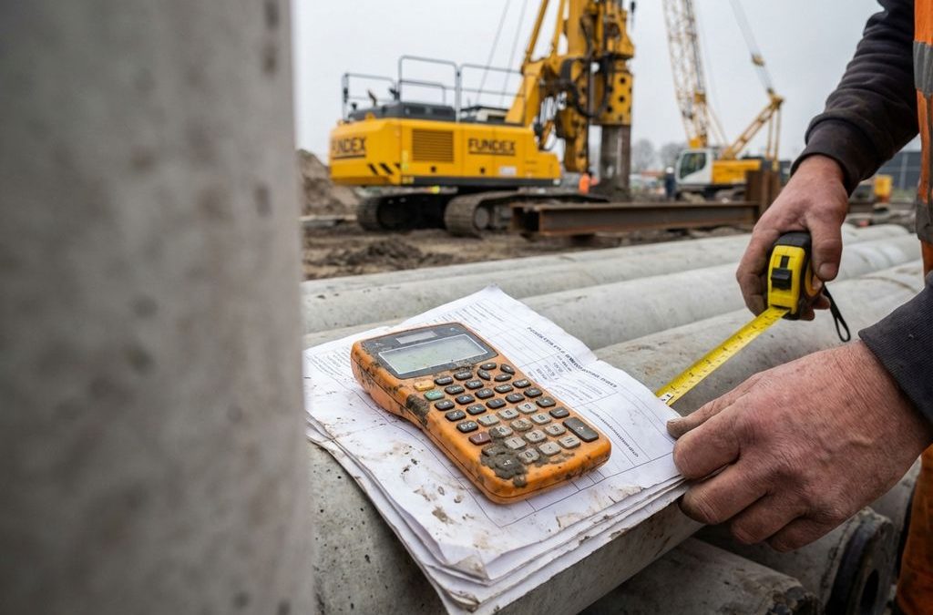 Versleten bouwplaats calculator op fundering specificatie documenten met gele Fundex machines op achtergrond