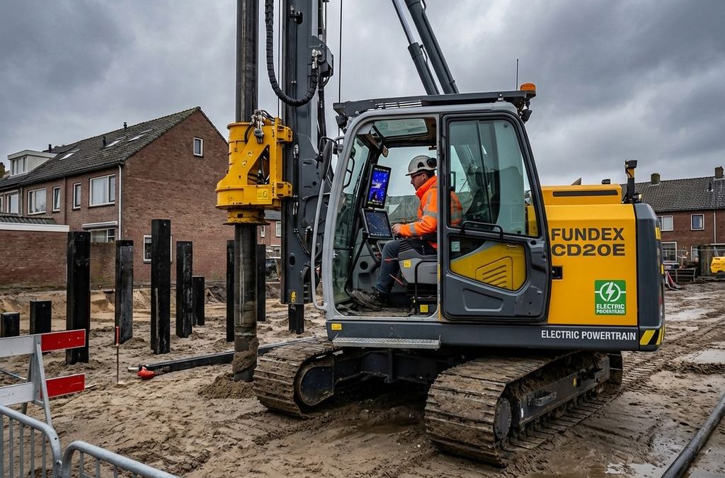 Fundex CD20E elektrische heimachine op Nederlandse bouwplaats met operator in veiligheidspak bij funderingspalen