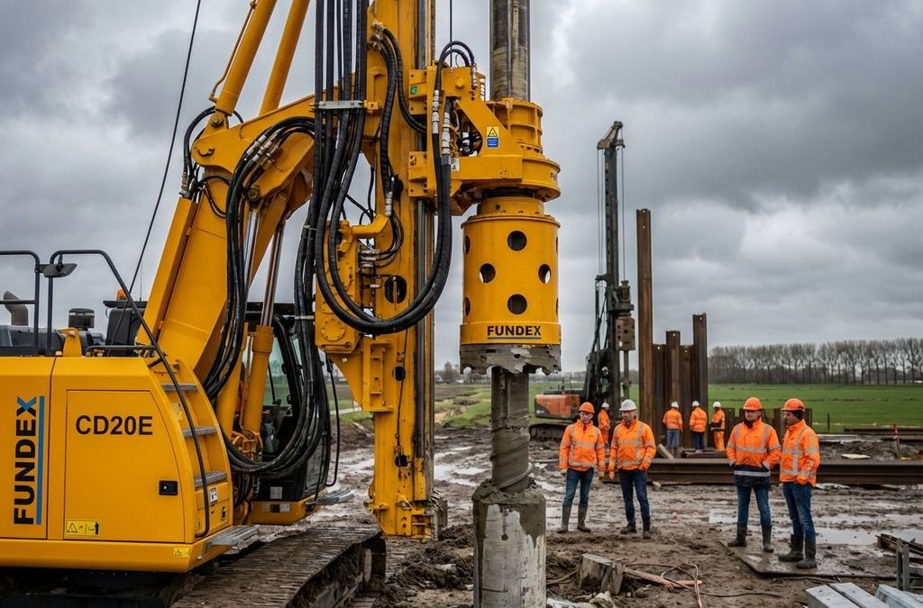 Gele Fundex CD20E elektrische funderingsmachine boort betonnen fundering op Nederlandse bouwplaats