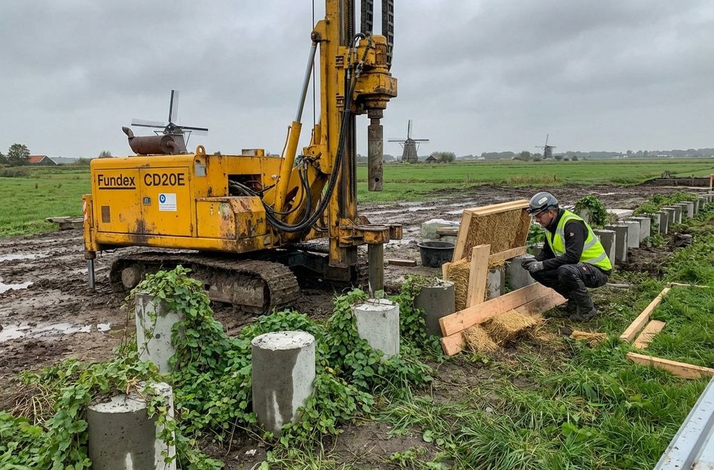 Gele Fundex CD20E boormachine op bouwplaats met betonpalen en groene begroeiing, bouwvakker in veiligheidskleding