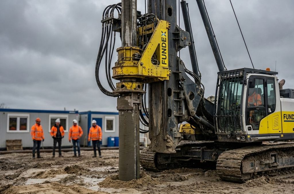 Gele Fundex elektrische funderingsboormachine in werking op Nederlandse bouwplaats met betonpaal en bouwvakkers