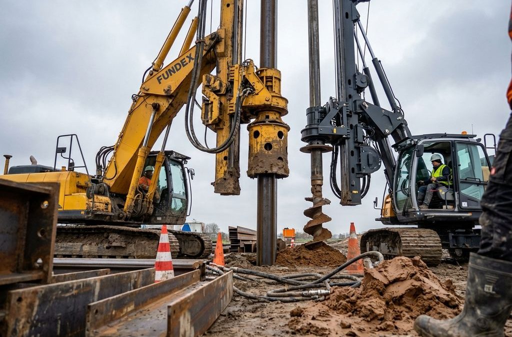 Gele Fundex heimachine en boorinstallatie werken samen op Nederlandse bouwplaats met modderige grond en stalen materialen