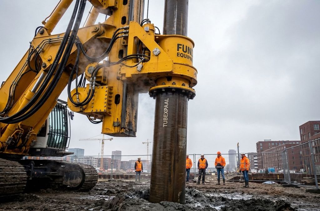 Gele Fundex heimachine plaatst Tubexpaal funderingspaal in Nederlandse kleigrond op bouwplaats met werknemers