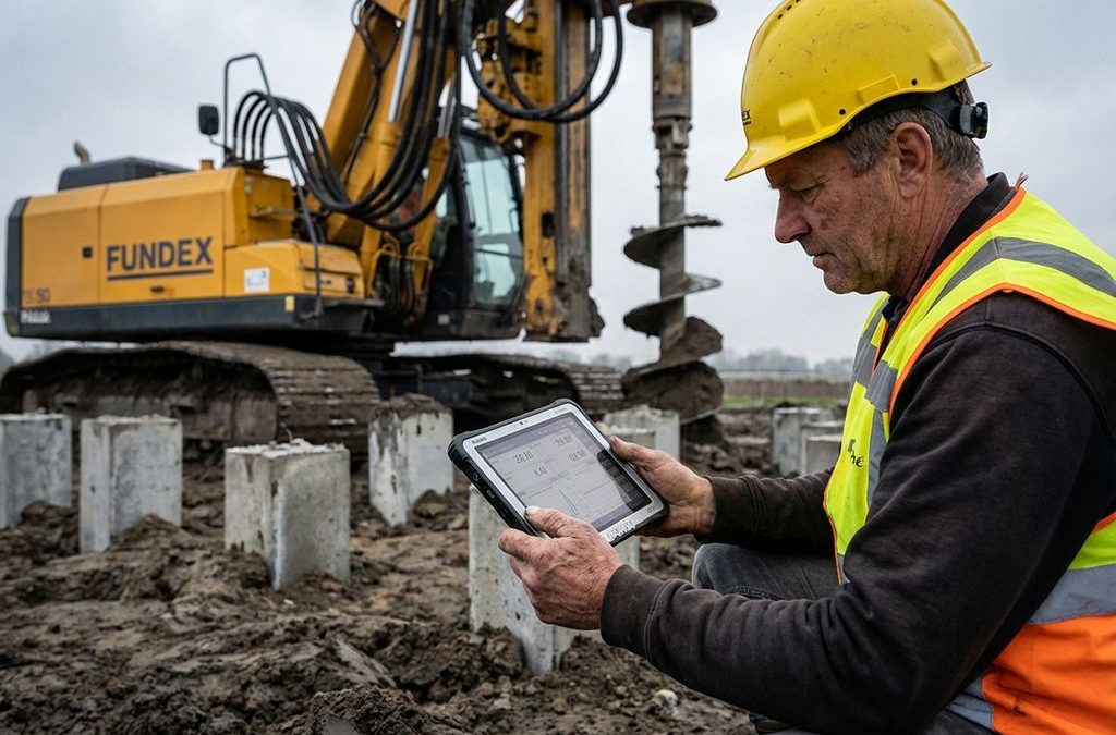 Bouwingenieur in gele veiligheidshelm inspecteert betonnen funderingspalen met tablet op bouwplaats met Fundex heimachine