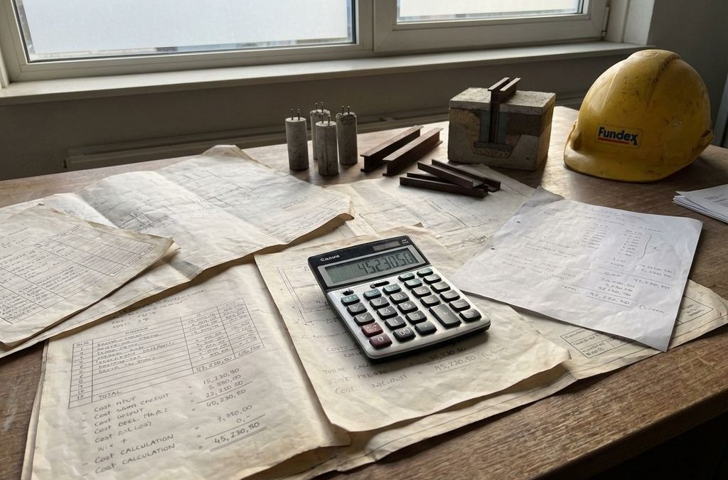 Kostenberekeningen en blauwdrukken op bureau met calculator, funderingsmodellen en Fundex helm in constructiekantoor