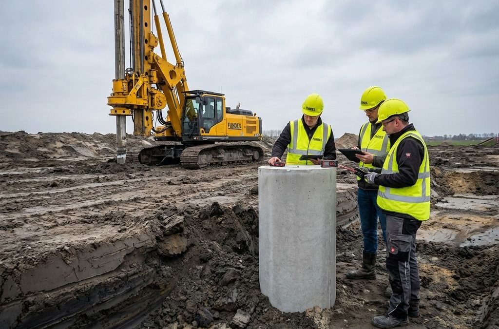 Fundexpaal betonnen funderingspaal in Nederlandse kleigrond met bouwvakkers in gele helmen en graafmachine op achtergrond