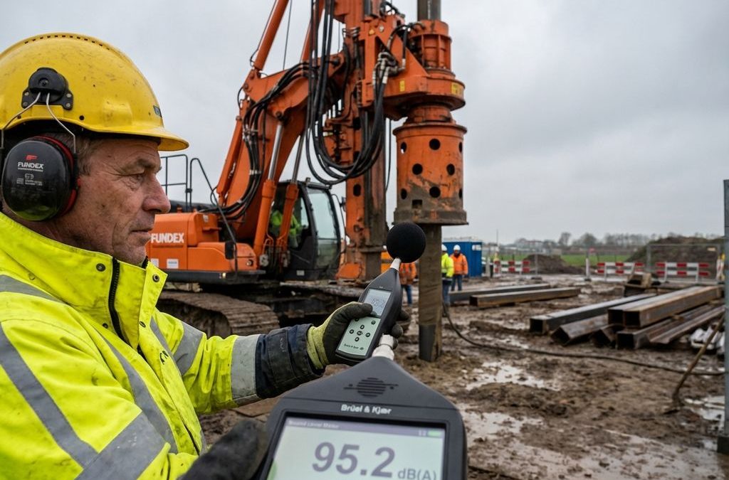Bouwvakker in gele veiligheidskleding meet geluidsniveau van oranje Fundex heimachine op Nederlandse bouwplaats
