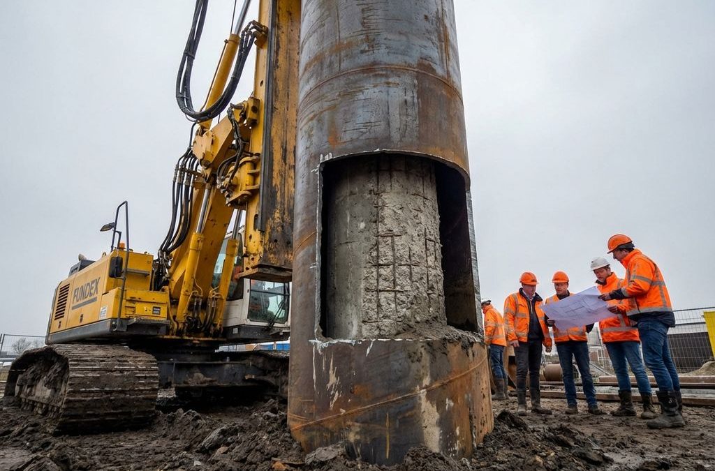 Tubexpaal funderingspaal met betonkern in Nederlandse bouwgrond, Fundex boormachine en bouwvakkers in oranje helmen